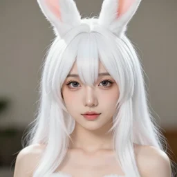 a photorealistic portrait, cute female anime bunny, professionally retouched, soft lighting, hyper realistic, beautiful face, white hair, detailed, wide angle, sharp focus, 8 k high definition, 6 4 megapixels, insanely detailed, stunningly beautiful