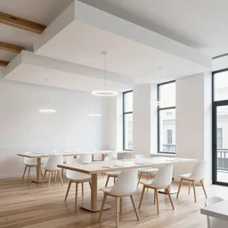 modern minimalist white restaurant with modern furniture and floating white planes on the ceiling, white plaster walls, wood floor, floating wood beams, glowing suspended ring lights, tall black metal frame windows