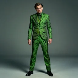 dslr photography of leonardo dicaprio playing the riddler from warner brother's new grimdark r - rated batman movie, green villain suit covered in question marks, full body photography, cinematic, studio portrait