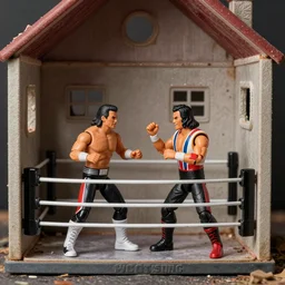 WCW sting wrestling action figures fighting in abandoned dollhouse