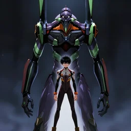 anime illustration of black detailed lonely evangelion eva - 0 1 standing menacingly behind ikari shinji who is wearing a plugsuit, cinematic lighting, evangelion anime poster, rebuild of evangelion 1 0 8 0 p, 9 0 s anime aesthetic, volumetric lights, rule of thirds, unreal engine render, pinterest wallpaper, trending on artstation