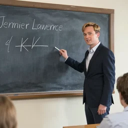 the first still from the professor, directed by joseph goebbels, shows jennifer lawrence at a chalkboard, 4 k