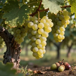 white wine grapes that grow on an oak, oak leaves, oak acorns, digital art