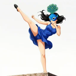 manga of a woman in a blue dress wearing a blue peacock mask jumping down in an aerial kick from the top of a building in Tokyo, film still from the an anime directed by Katsuhiro Otomo with art direction by Salvador Dalí, wide lens