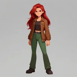 full-body shot of an attractive tomboy girl with long, crimson red hair and red eyes, wearing a brown, open jacket and green jeans with a stern look, concept art, character design, by WLOP, by Ross Draws, by Bill Medcalf