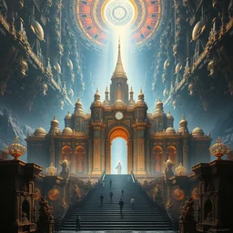 the futuristic temple of transcendence highly ornate, metaphysical utopia, stargate portal, parallax poster composition, 8 k highly detailed hyperornate high contrast and sharp oil painting by marc simonetti and caspar david friedrich, trending on artstation