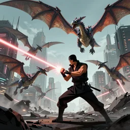 mace windu fighting a group of pterodactyls in a destroyed cyberpunk city shooting lasers by greg rutkowski