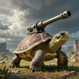 a turtle with a mounted canon on it's back, digital art, concept art, trending on DeviantArt, trending on Artstation, high quality, 8K HDR, octane render, unreal engine 5, path tracing, breathtaking landscape, dramatic lighting, cinematic, highly detailed