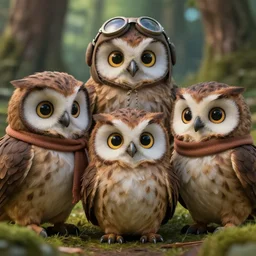 3 d octane render of a family of anthropomorphic owlets. the owls have really detailed, fluffy feathers. the owls are wearing a pilot hat, a scarf, funny facial expression, glowing eyes, in a forrest by beatrix potter and studio ghibli, sharp focus, depth of field, fine features