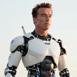 beautiful Fine art photo portrait of enraptured Arnold Schwarzenegger as a solarpunk robotic god, white mechanical parts with led lights, photorealistic, white background, highly detailed and intricate, sunset lighting, HDR 8k