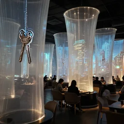 screens with curved translucent drapes projecting detailed sci - fi art, pixel perfect photograph, high contrast, volumetric lighting, thin glowing lights, restaurant, chairs, users, pair of keys