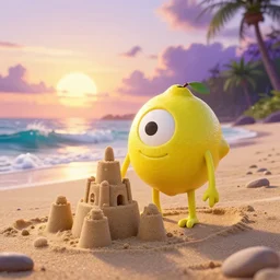 3 d octane render, of an anthropomorphic lemon character inspired by cartoon adventure time, monster. inc, with lemon skin texture, it is wearing a hat, building a sandcastle on the beach at sunset, beach, huge waves, sun, clouds, long violet and green trees, rim light, cinematic photography, professional, sand, sandcastle, volumetric lightening