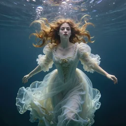 a ghost woman dressed in a victorian gown, underwater, old oil painting, hair flowing, light from above, bubbles rising from the bottom.