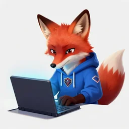 a league of legends concept art of an anthropomorphic red fox in a blue hoodie hacking a portable computer, front view, hacker emblem, artstation, digital art, oc commission, style by jordan grimmer and greg rutkowski, 4 k resolution