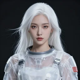 beautiful white haired woman dressed in see through space suit in the style of zezhou chen highly detailed, smooth, sharp focus