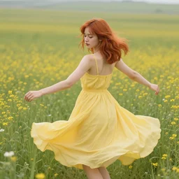 a woman seen from behind from a distance with copper hair and a flowing yellow sundress dancing in a field of wildflowers, with cute - fine - face, pretty face, realistic shaded perfect face, fine details by realistic shaded lighting poster by ilya kuvshinov katsuhiro otomo, magali villeneuve, artgerm, jeremy lipkin and michael garmash and rob rey