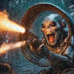 widest fish eye lens extremely close to cyborg's face laughing while shooting flamethrowers with a dystopian neocyberpunk backdrop. photorealistic. intricate details. 3 5 mm photograph. dramatic lighting. action shot. absolute focus. masterpiece.