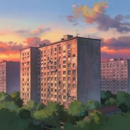 a soviet city panel building house with sunset sky, ultra high quality, 4 k, by miyazaki and makoto shinkai, anime screenshot, colorful, artstation, pixiv,