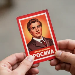 a hand holding a red card, russian matchbox label style, propaganda,