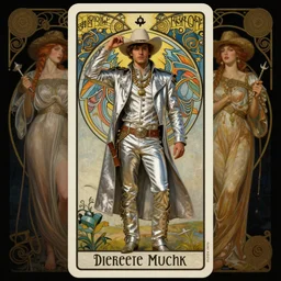a dramatic ethereal epic symmetrical painting of a handsome cowboy in a silvery outfit | tarot card, art deco, art nouveau,  (steampunk), homoerotic, realistic | by Dresden Codak, by Mark Maggiori and ((((Alphonse Mucha))) | trending on artstation