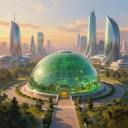 capital city of the free republic of liberland with humongous green glass dome and path around it and humongous futuristic glass buildings built in the horizon, solarpunk, eutopia, sunset light, hyperdetailed, artstation, painting by gaston bussiere 8 k