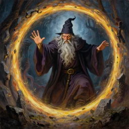 Beautiful painting of an old wizard opening a portal to Hell, 4k