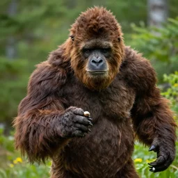 bigfoot holding a tickle in his hand, color photograph, nature photograph, national geographic, 4 k.
