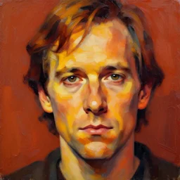 an expressionism face portrait of Gordon freeman used with Impasto, dark oranges reds and yellows, note detailed