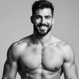 black and white photography of a very muscular man smiling with a chiseled jawline and trimmed beard