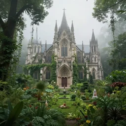 a gothic byzantine cathedral in a lush dense verdant garden by jacek yerka and paul lehr and alena aenami and dan mumford, mist, hyperrealism, volumetric lighting, god rays, highly detailed, sfumato, overgrown