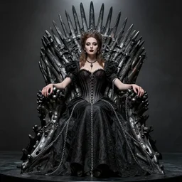 an elegant gothic princess, very tight corset, chains, on the iron throne, full body, style of ilya kuvshinov and greg rutkowski, masterpiece, very high quality, intricate, high resolution
