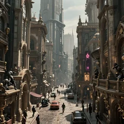 detailed ultrarealistic photography of cyberpunk postapocalyptic baroque city street, cinematic, full shot, ian miller, wayne barlowe, beksinski, giger, greg rutkowski