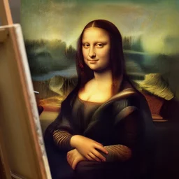 mona lisa as a painter and she is painting leonardo da vinci