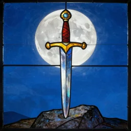 stain glass fractal in a from of a sword stuck in a boulder, full moon, blue sky