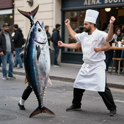 A street fight between a human sized tuna and a pizzaiolo with four arms, street photography