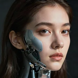 close - up portrait of beautiful young woman with half a cybernetic face.