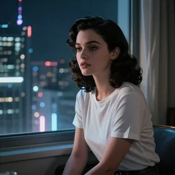 portrait of a beautiful girl with dark hair that's styled in a 1940's fashion, dressed in a white t-shirt, sitting in an apartment alone by a window that overlooks a futuristic city, nighttime, mood lighting, ambient lighting, dynamic lighting, low-key neon lighting, 4k, HQ, official media, anime key visual, makoto shinkai, ilya kuvshinov, lois van baarle, rossdraws, detailed, trending on artstation
