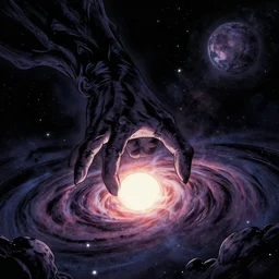 Hand of the primordial darkness reaching into the universe from outside. Comic Illustration