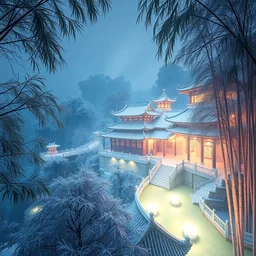 magic palace, emei mountain, chinese temple, white, snow, luminous water, bamboos, magic, realism, redshift rendering 3 d, super detail, lifelike, 8 k, masterpiece, functional art station, top view, panorama, super wide angle ， crepuscular ray ， mood lighting