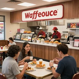 busy wafflehouse interior with customers eating breakfast and wafflehouse employees serving food and cooking behind countertop bar that has food on