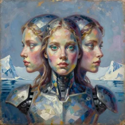 holy young female battle robot award winning portrait bust symmetry faded tetrachromacy colors arctic background tim hildebrandt wayne barlowe bruce pennington donato giancola larry elmore masterpiece trending on artstation cinematic composition beautiful lighting hyper detailed!!! 8 k oil on canvas