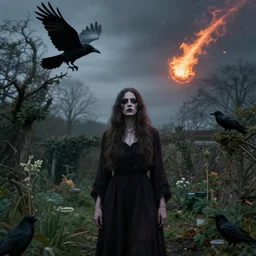 folk horror woman in garden flock of ravens and a burning meteor