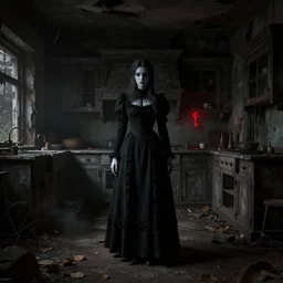 A ghostly woman in a long, black victorian dress, standing in the middle of a ruined, abandoned, polish mansion kitchen, seen from inside. Pitch black darkness, A strong red keylight is the only lightsource. Smoke. Dirt, leaves on ground. Octane render. Substance painter. Zbrush. Trending on artstation. 8K. Highly detailed.
