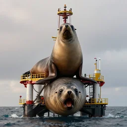 a toxic oil rig mounted on the head of a anguished south american fur seal, by justin gerard, ambient lighting, highly detailed, zoom out, general plane, sharp focus