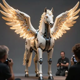 a stunning ultra detailed fantasy fine art full body portrait photo of a robot horse with glowing wings, by artgerm, karol bak and lisa holloway photography, full body shot, 2 4 mm lens, golden ratio composition, deep depth of field, perfect eyes and face, cyberpunk, soft lighting, artstation, 8 k