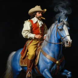 a baroque neoclassicist renaissance portrait of a himalayan cowboy with a giant mustache riding a blue horse, cigar. glowing fog, black background. highly detailed science fiction painting by moebius, norman rockwell, frank frazetta, and syd mead. rich colors, high contrast, artstation