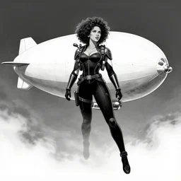 scarlett johansson flying next to a vintage blimp, wearing a sleek jetpack, black and white, afro samurai manga style, fully clothed