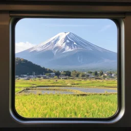 a photo of mount fuji, japanese landscape, rice paddies, seen from a window of a train.
