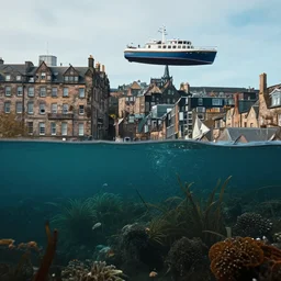 photo of underwater edinburgh city with boat passing above, sharp focus, surrealism, cinematic, unreal engine, 4 k wallpaper, national geographical