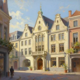 A beautiful painting of European architecture by krenz cushart, sunny, morning, artstation